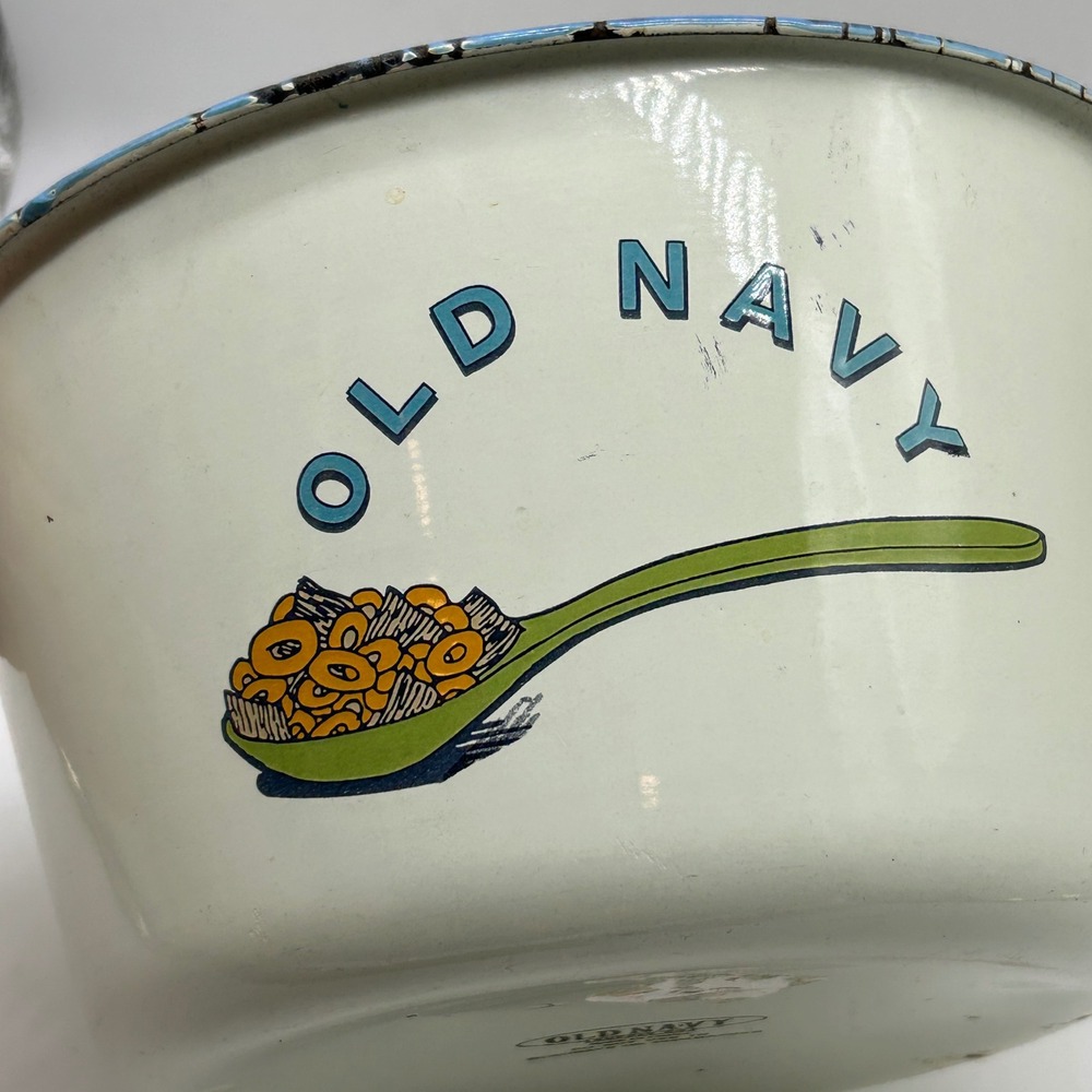 Vintage Old Navy Supply Co Enamel Cereal Bowl Blue Rim Cream Farmhouse Decor